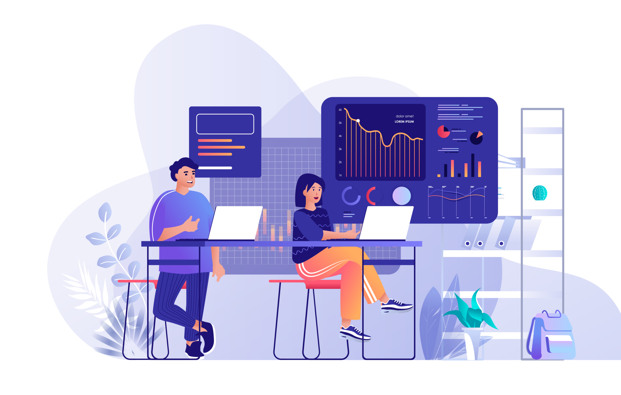 Dos personas en un entorno de analisis de datos de Bi Web Analytics usando portatiles